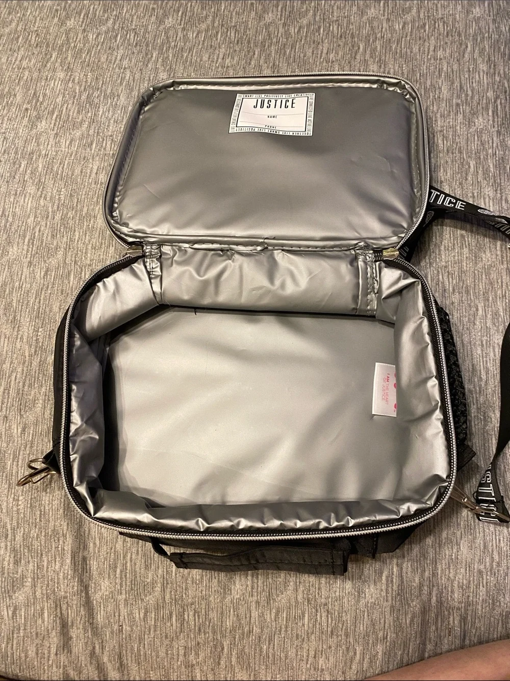 Justice Flip Sequin Lunchbox Tote w/ Crossbody Strap Black Silver & Purple NWOT